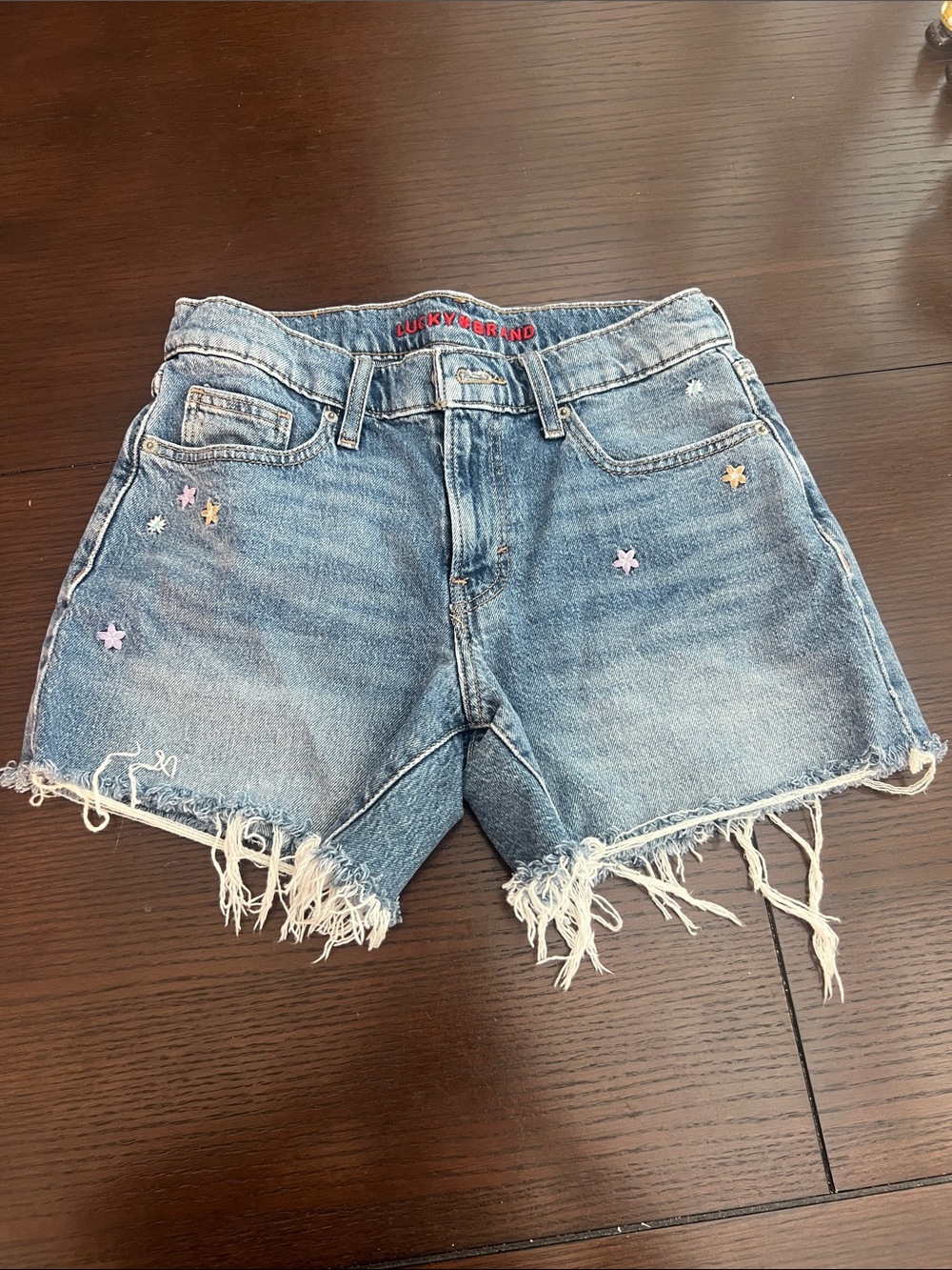 Lucky Brand Blue Distressed Denim Cutoff Shorts with Star Embroidery